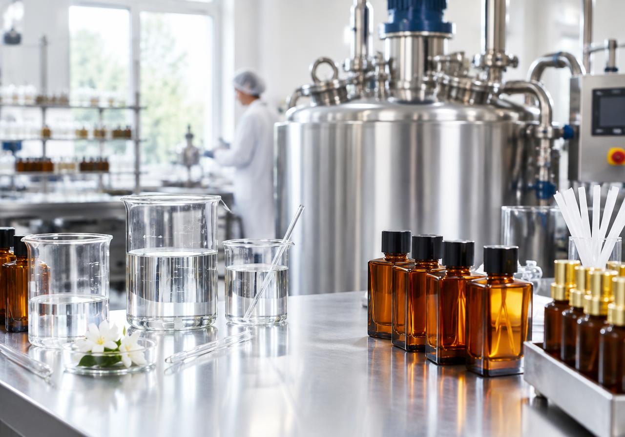 Perfume bottles and ethanol in a fragrance plant